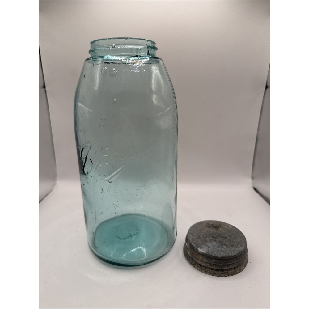 Vtg Blue Green Ball Perfect Mason Half Gallon Jar Zinc Lid Insert IV BUBBLES #12